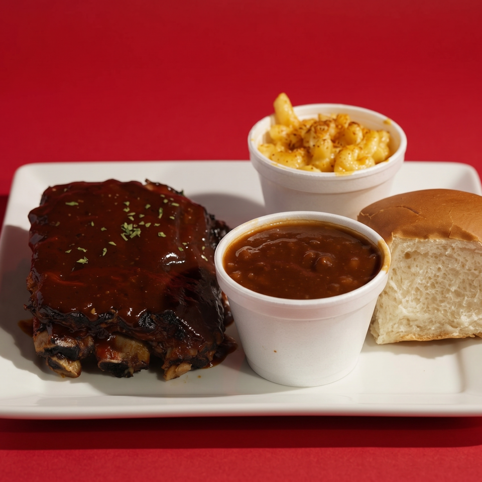 BBQ ribs with sauce, baked beans, mac and cheese, and a dinner roll on a white plate.