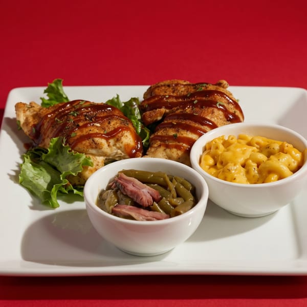 Grilled chicken with BBQ sauce, green beans, and macaroni and cheese on a white plate.