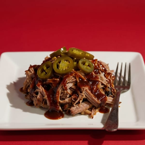 Pulled pork with barbecue sauce and sliced jalapeños on a white rectangular plate with a fork.