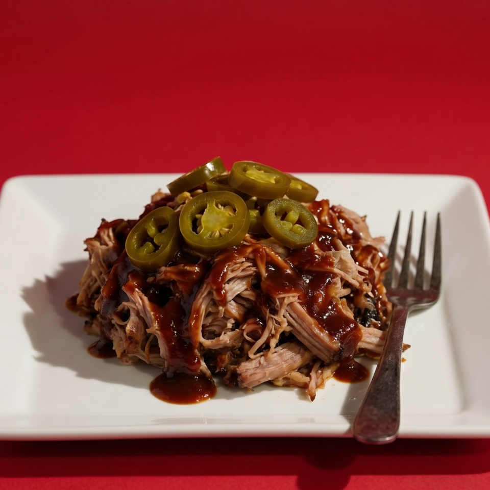 Pulled pork with barbecue sauce and sliced jalapeños on a white rectangular plate with a fork.