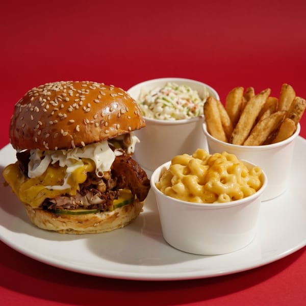 A burger with pulled pork, cheese, and coleslaw, served with fries, mac and cheese, and coleslaw.