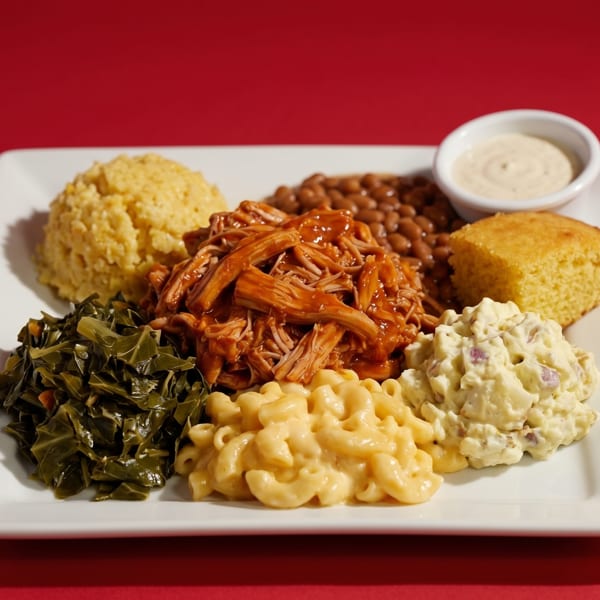 A plate of BBQ pulled pork, collard greens, mac and cheese, potato salad, baked beans, cornbread, and grits.