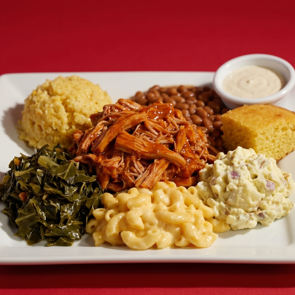 A plate of BBQ pulled pork, collard greens, mac and cheese, potato salad, baked beans, cornbread, and grits.