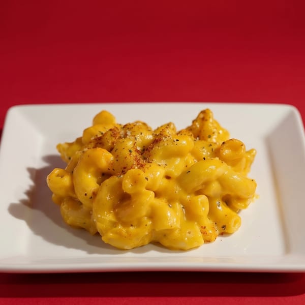Creamy macaroni and cheese, seasoned with pepper, on a white rectangular plate against a red background.