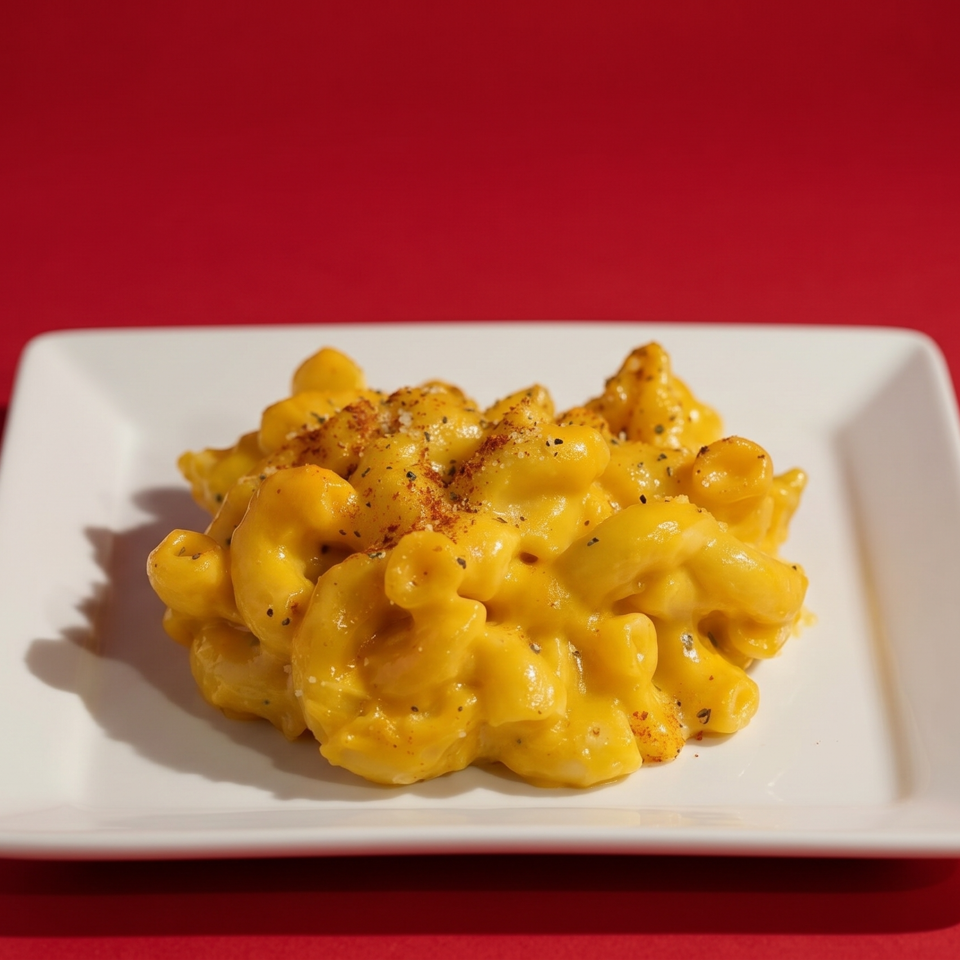 Creamy macaroni and cheese, seasoned with pepper, on a white rectangular plate against a red background.